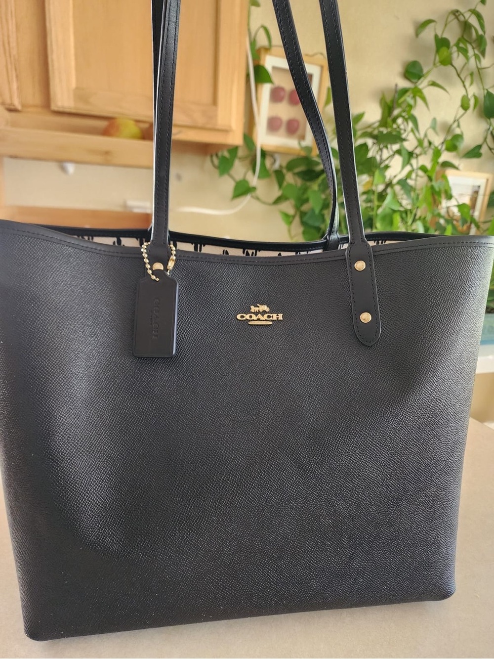 COACH Reversible Leather Tote Bag Black Signature Canvas Authentic Business Bag